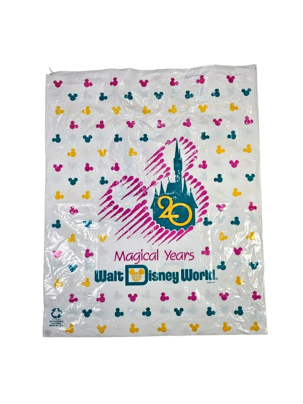Walt Disney World 20th Anniversary 18x15" Plastic Shopping Bag 1991 Mickey Mouse